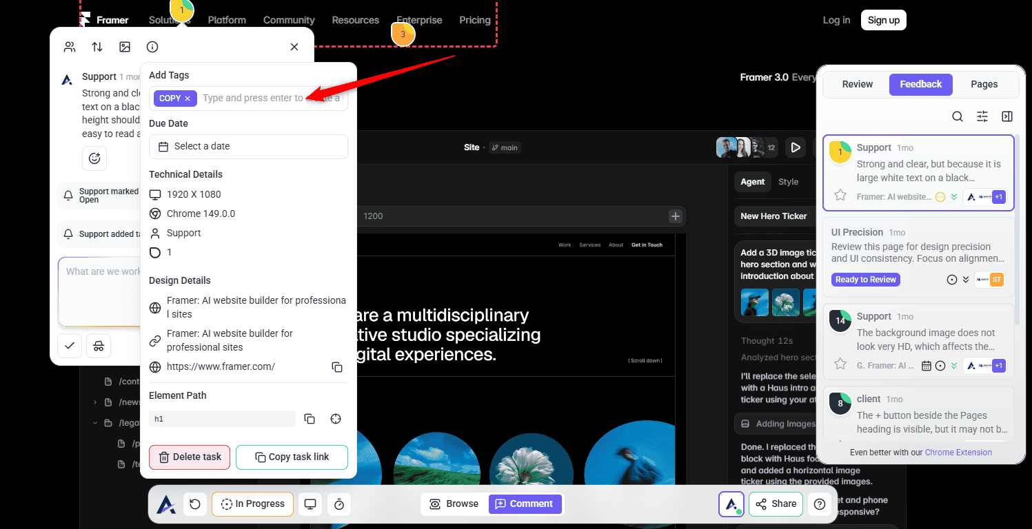 Adding a tag to a task from the Collaborate view in Atarim, beneath the technical details section