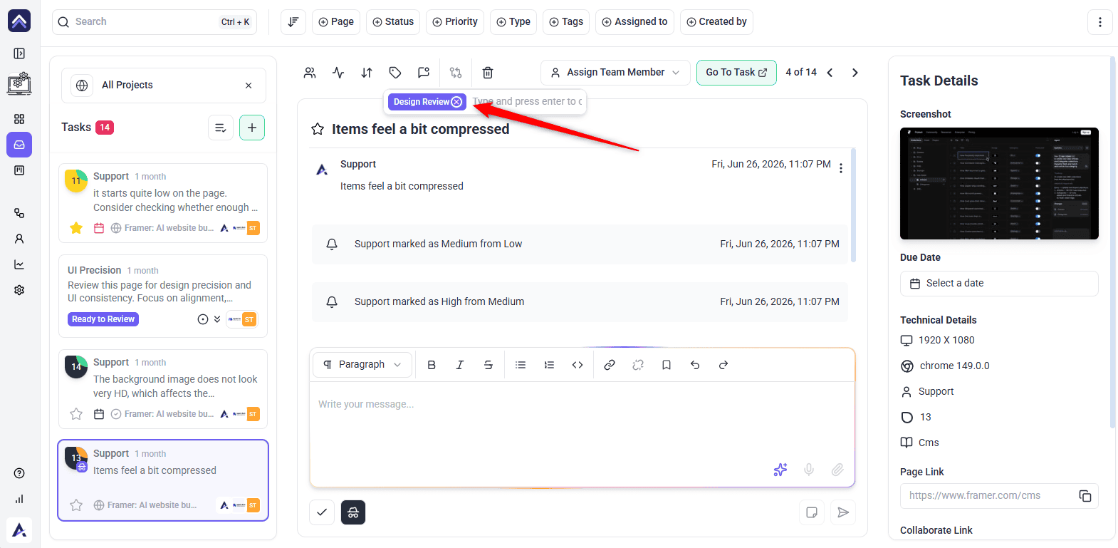 Removing a tag from a task in Atarim using the cross beside it