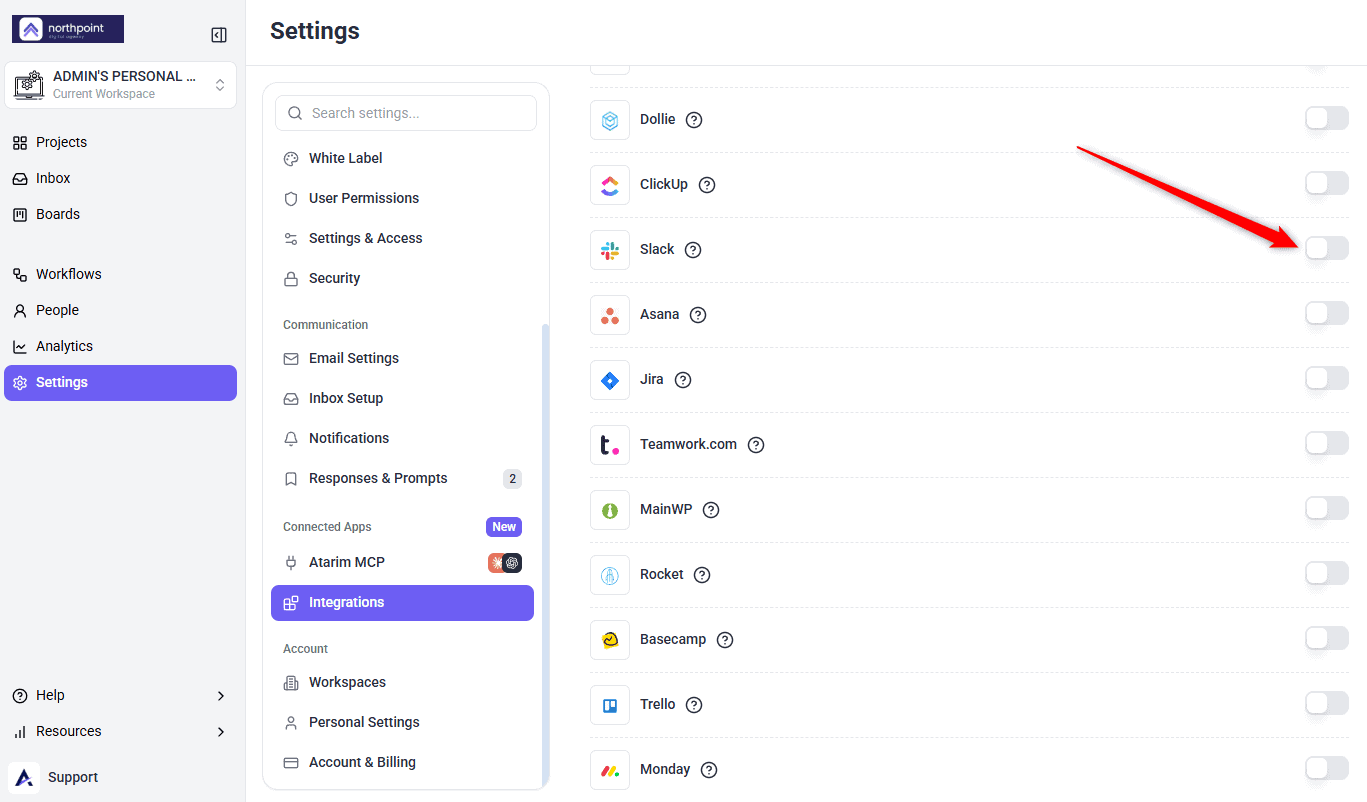The Integrations panel in Atarim settings