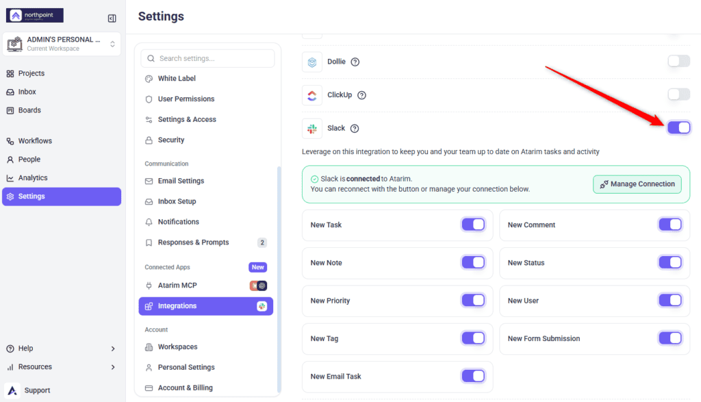 The Slack row in Atarim's Integrations panel before connecting