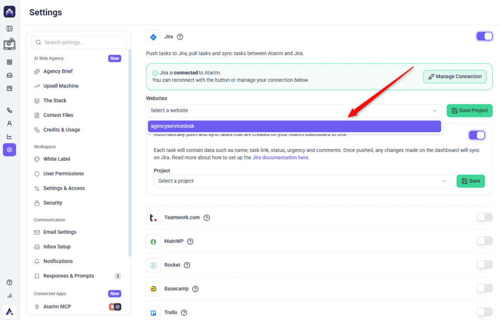 The Websites dropdown and Save Project button in Atarim's Jira configuration