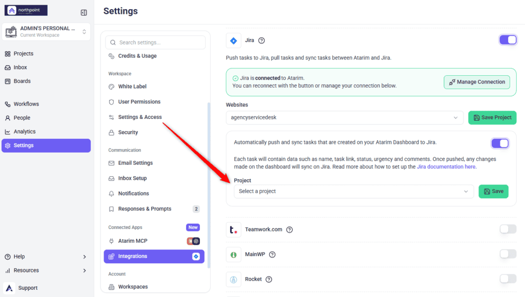 The sync switch and Project dropdown in Atarim's Jira configuration, with the Save button