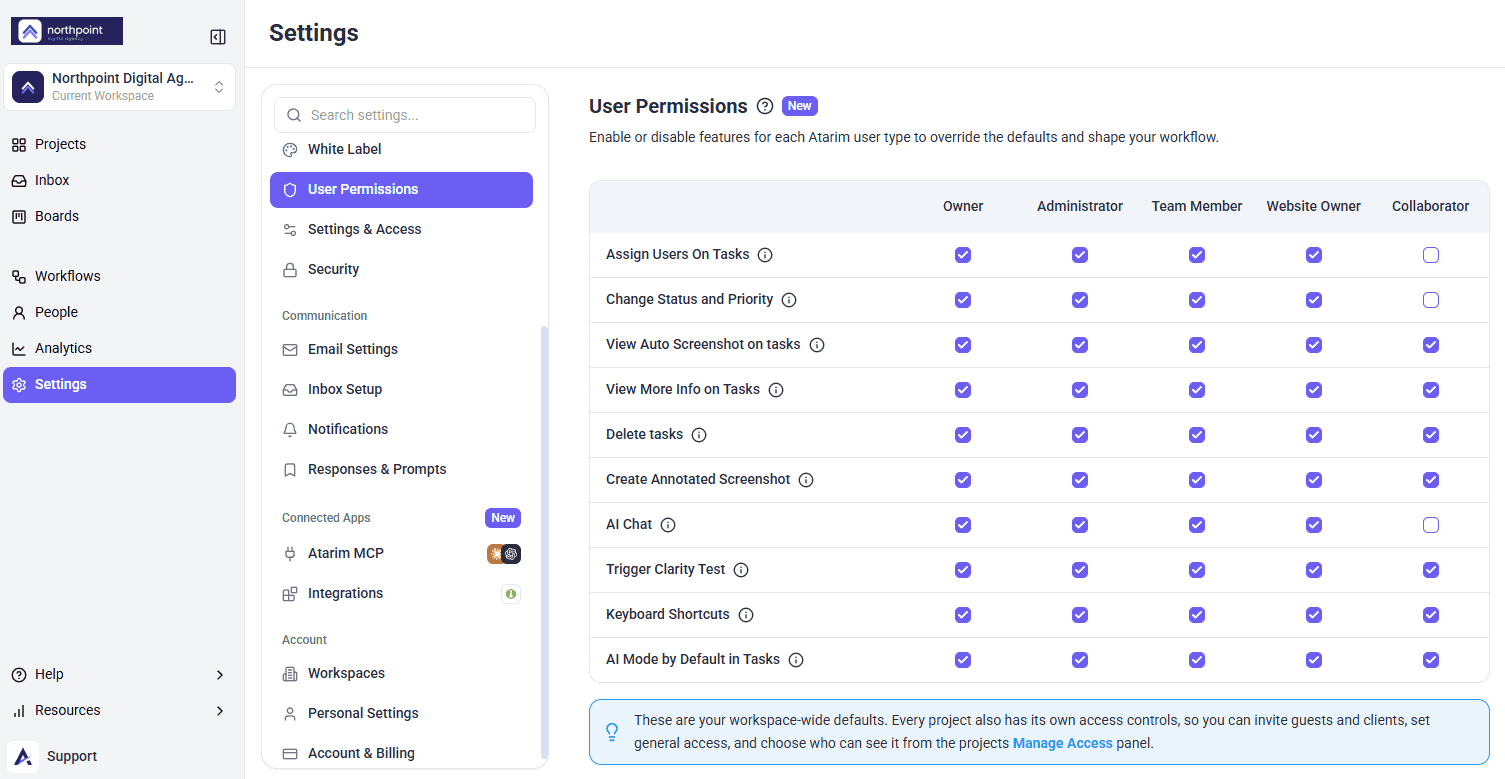 Available options limited by the team's permission settings