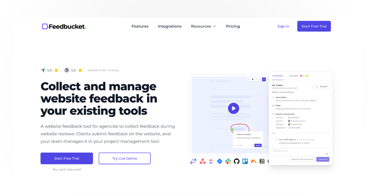 Feedbucket feedback tool for web designers and developers, showing feedback collection – a simple Marker.io alternative for small teams.