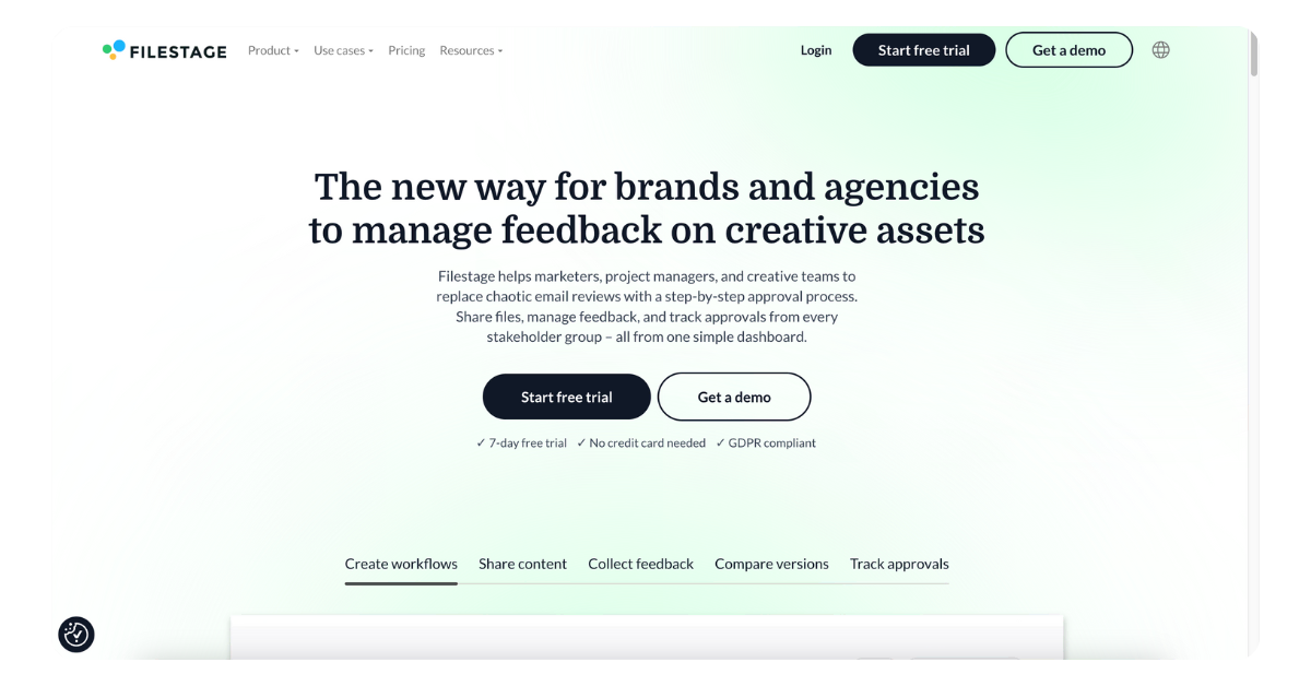 Filestage creative review tool interface with global feedback and progress tracking features.