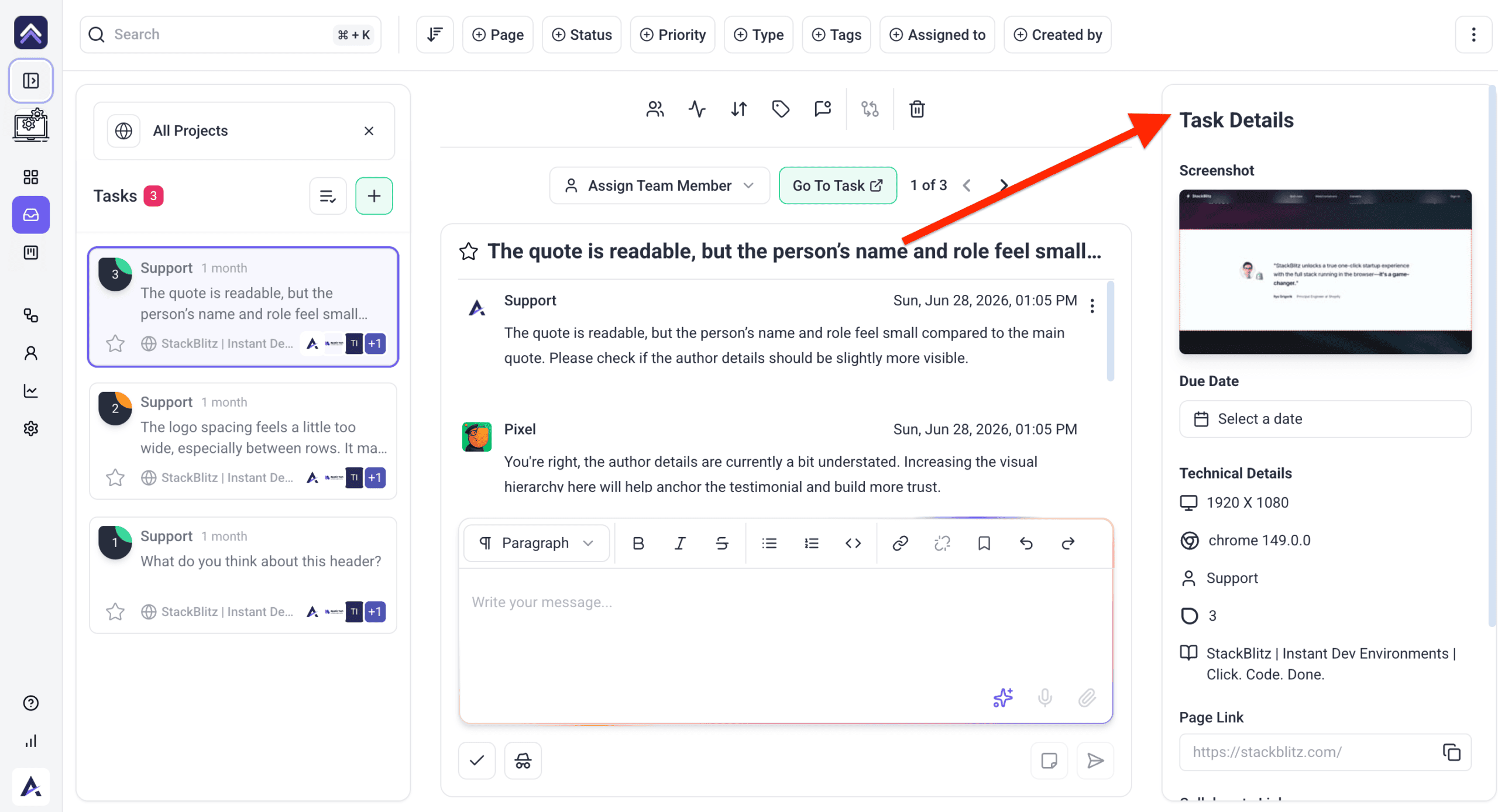 Task details opened from the Inbox