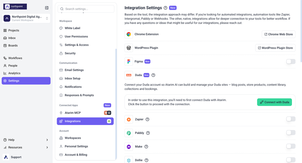 The Connected Apps section of Settings and Integrations