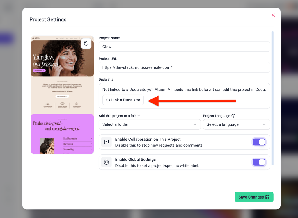 Opening the Duda site picker