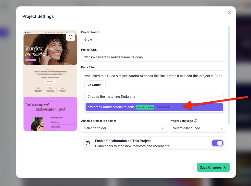 Duda sites listed with their match confidence and publish status