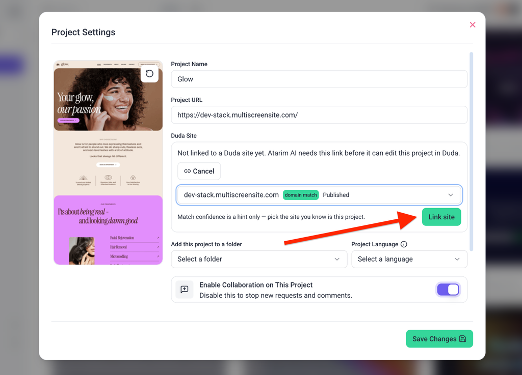 Selecting the matching Duda site before linking it