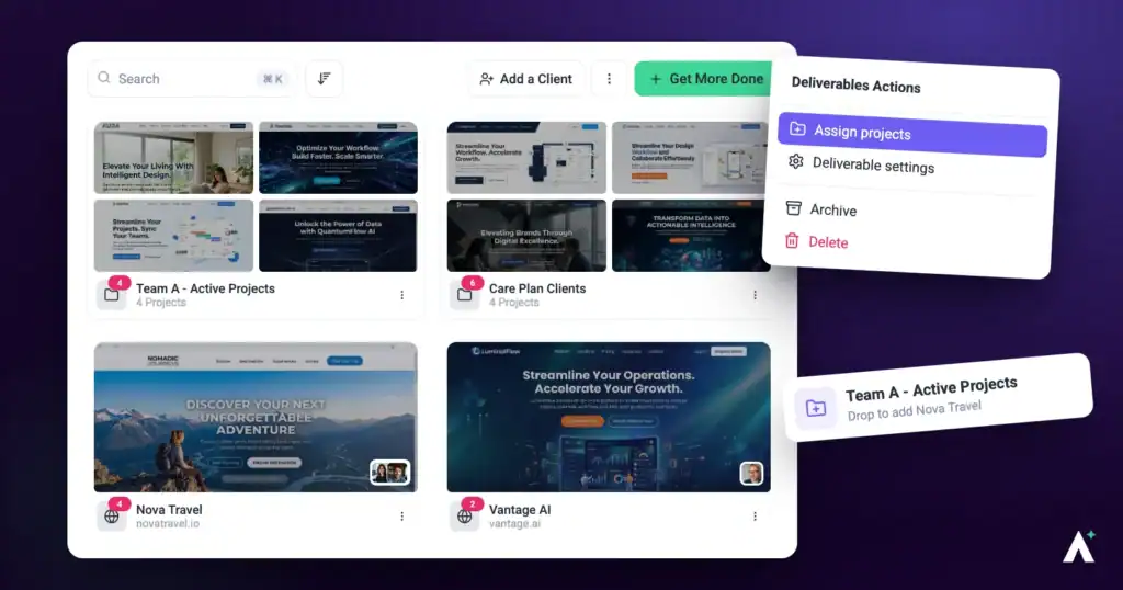Atarim projects grid with a folder card and the project actions menu open