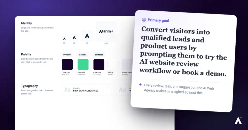 Atarim AI Web Agency settings showing the agency brief, brand colours and fonts