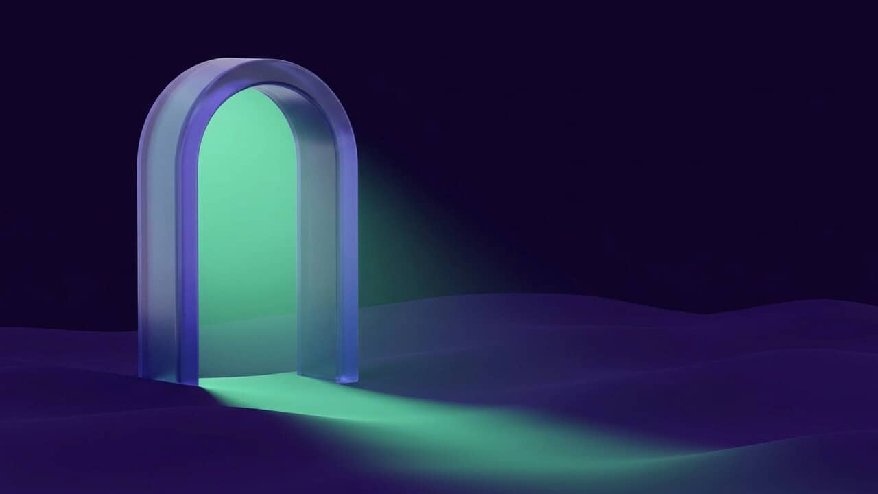 A tall rounded glass arch on a deep violet background, with soft emerald light spilling through the opening