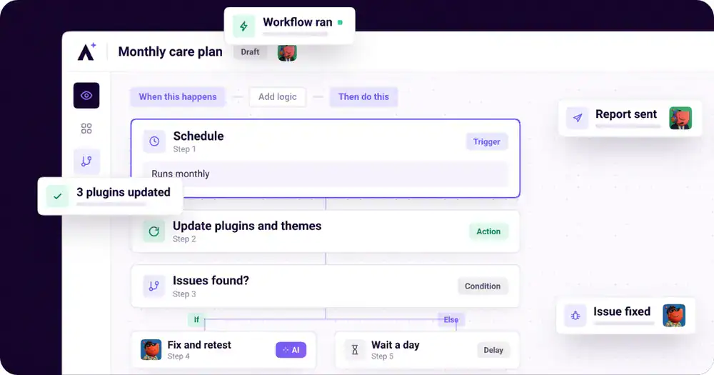 Atarim website feedback tool workflow builder showing a monthly care plan that updates plugins and themes, checks for issues, and has a specialist fix and retest problems before sending a report