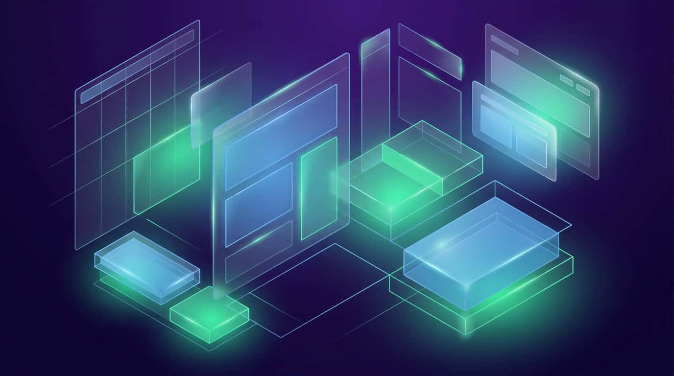 3D modular web design wireframe layouts and responsive grid components in slate blue and emerald green on deep violet canvas
