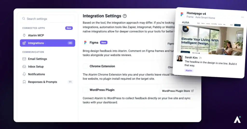 Atarim integration settings with the Figma plugin row, beside a design comment thread
