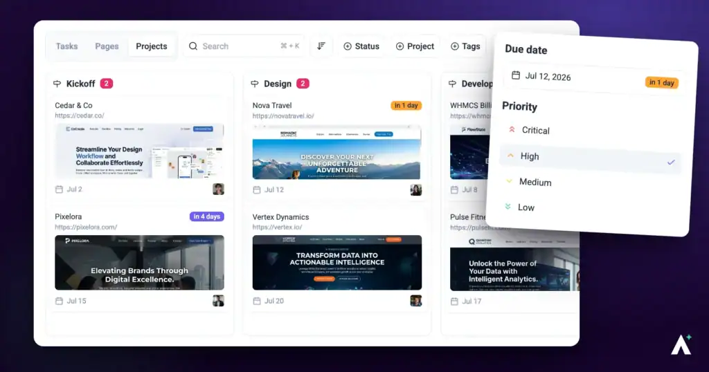 Atarim board showing project workflow stages and assigned owners