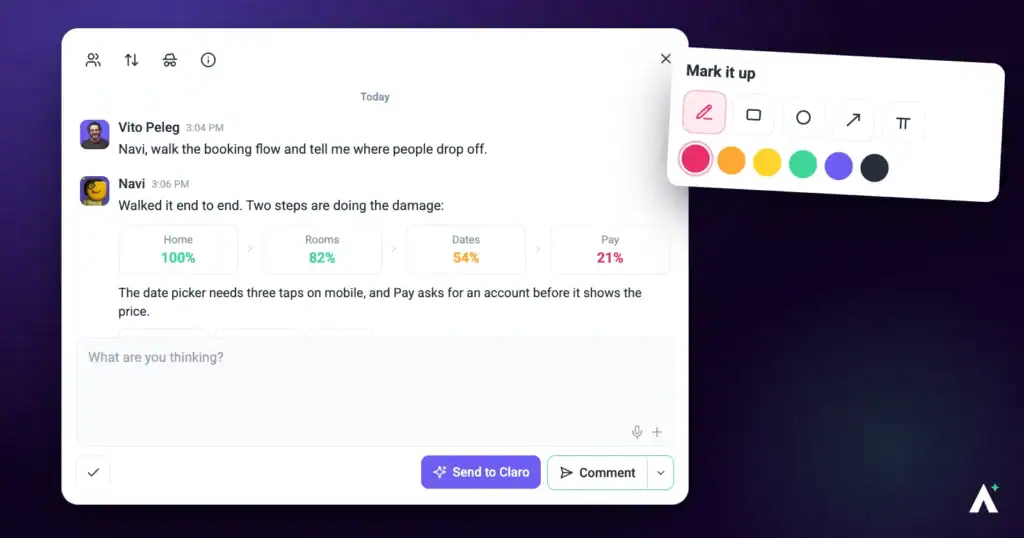 Atarim design review with comment pins and an annotated iteration