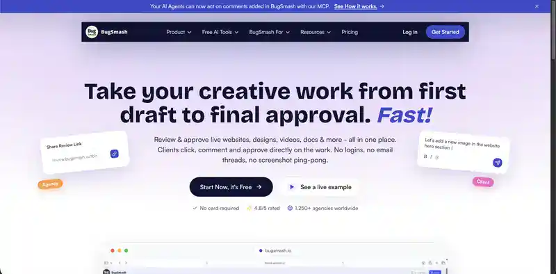 BugSmash homepage: review and approve live websites, designs, videos and docs in one place, with no logins for clients