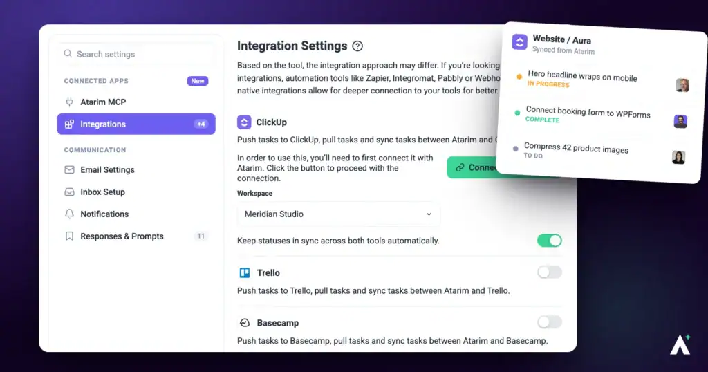 Atarim integration settings with ClickUp connected, beside a ClickUp task list