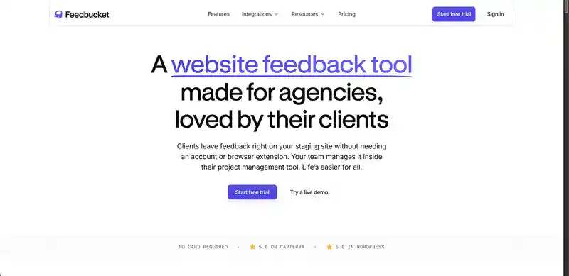 Feedbucket homepage: a website feedback tool made for agencies, where clients leave feedback on staging sites without an account