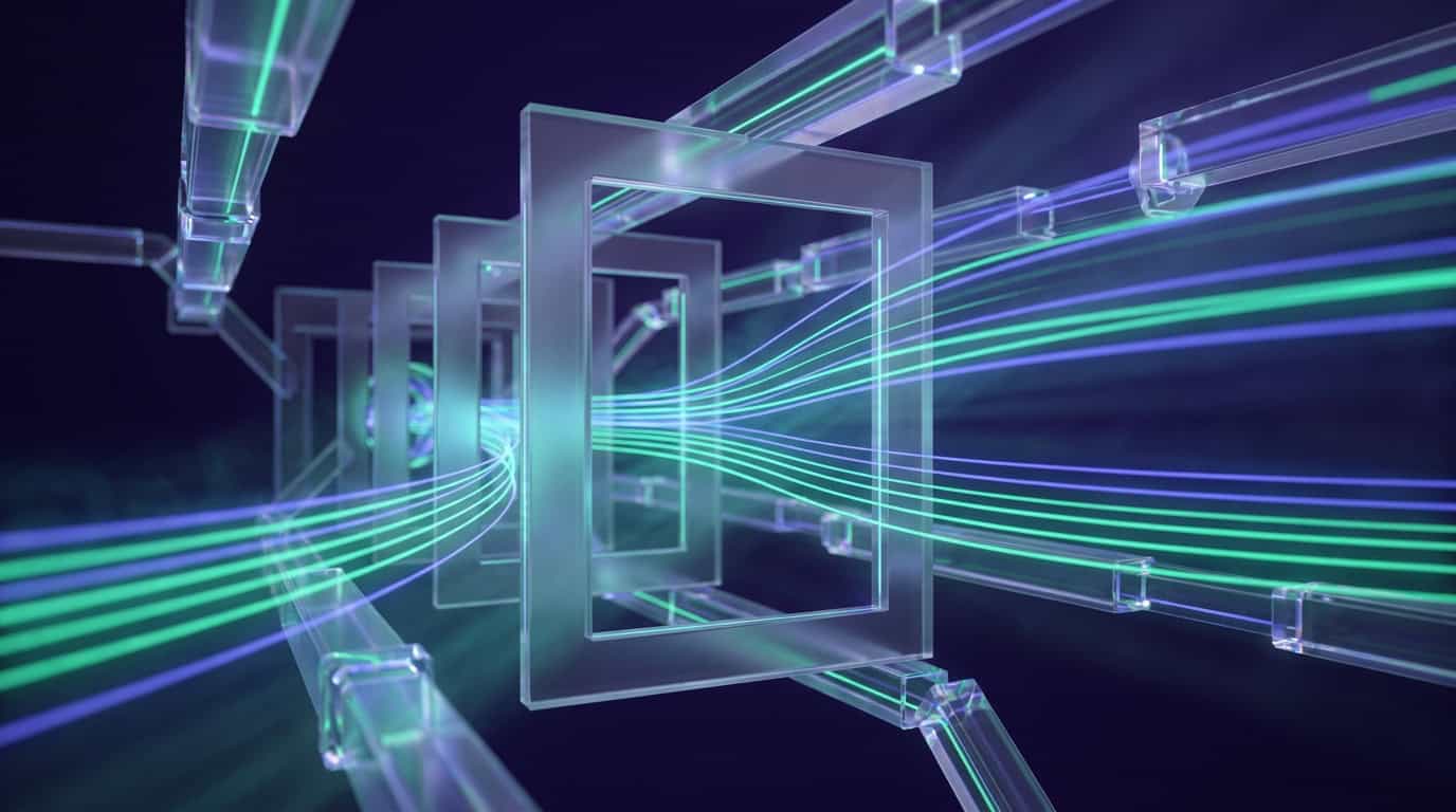 Abstract glowing data pipeline and portal gateway with neon emerald and slate violet data streams flowing through frosted glass rectangular architectural conduits against a deep midnight purple canvas.