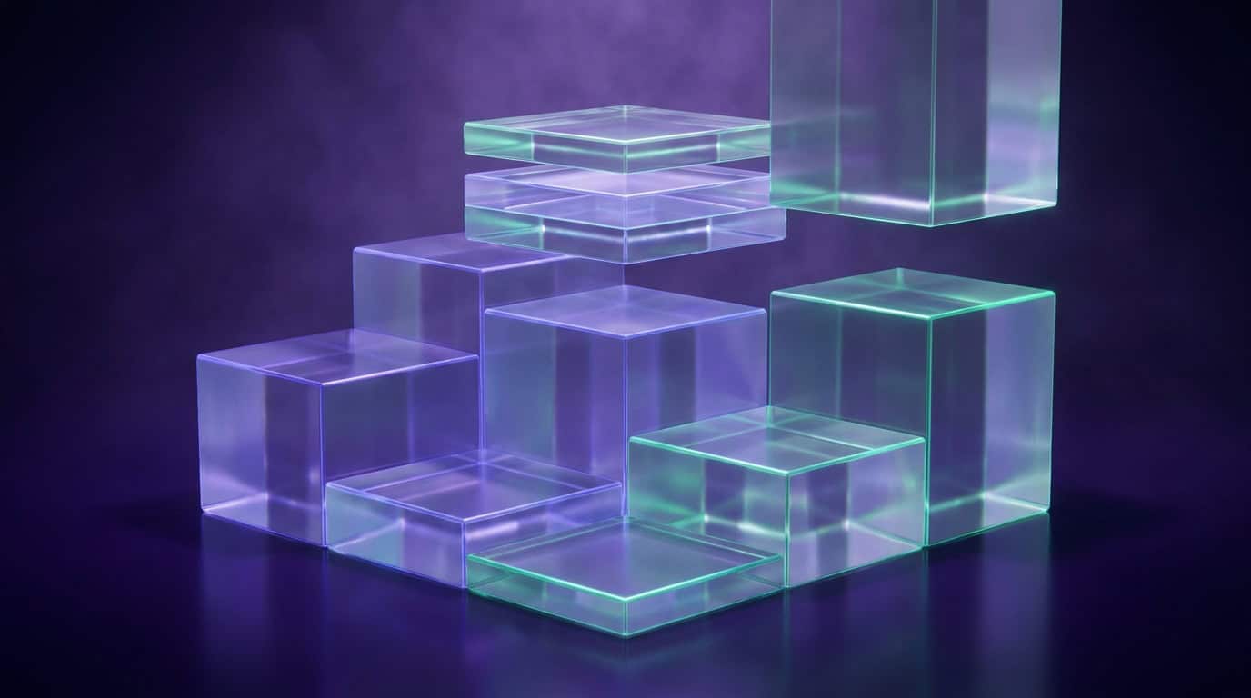 Luminous stepped frosted-glass pedestals and crystalline geometric tiers in a structured hierarchy with glowing emerald and violet perimeter edge lighting over a reflective dark purple surface.