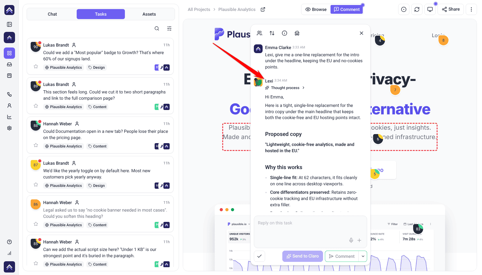 Task thread where an AI specialist replies to a team member with proposed copy
