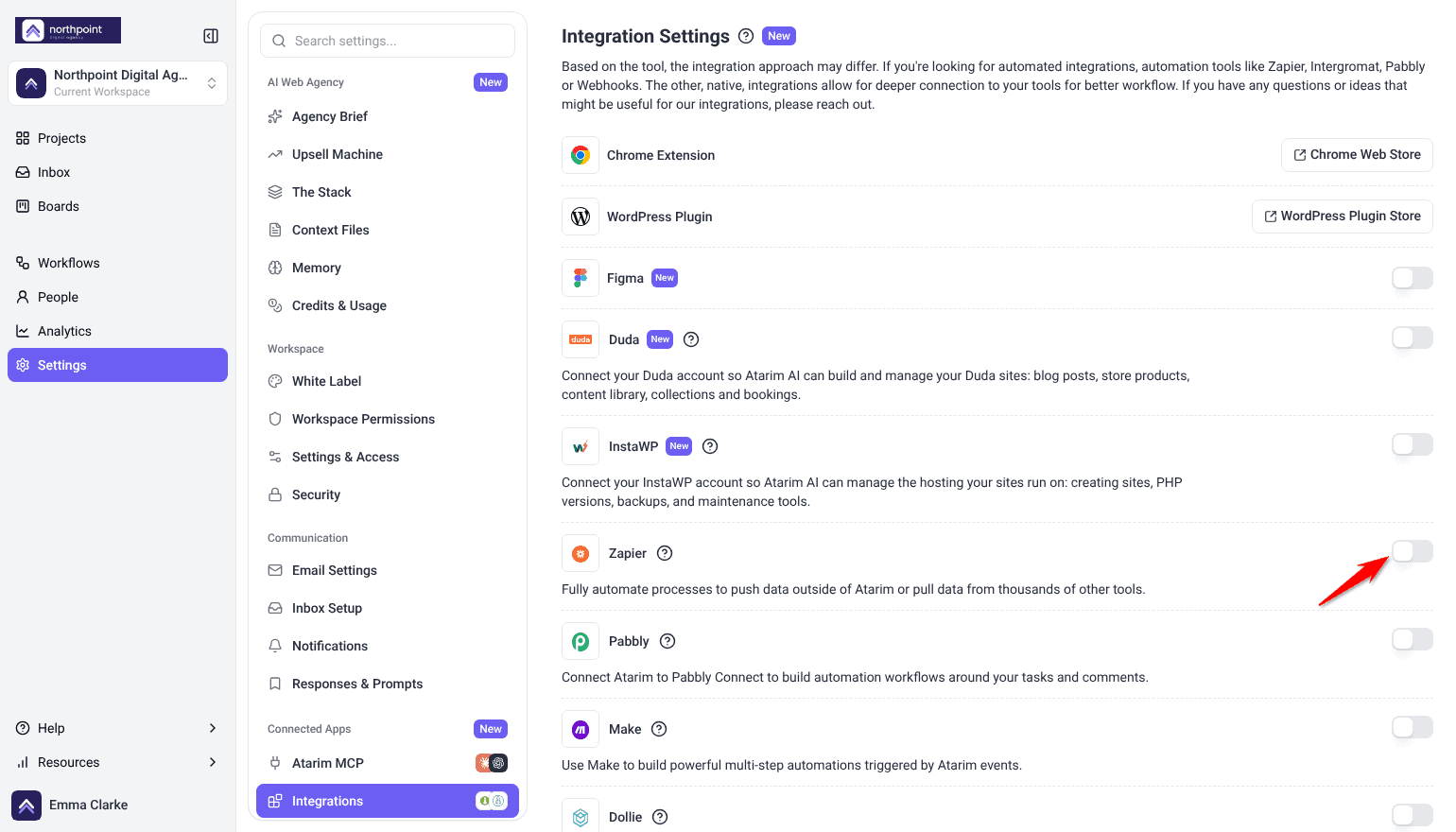 Integration Settings with the integrations listed and the Zapier switch highlighted