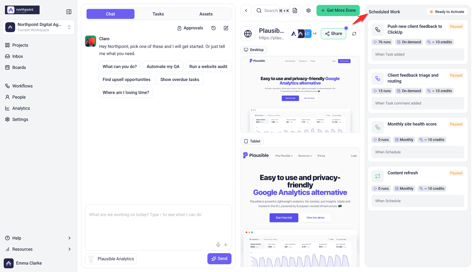 Project Dashboard with the chat rail, the site preview and the Scheduled Work column