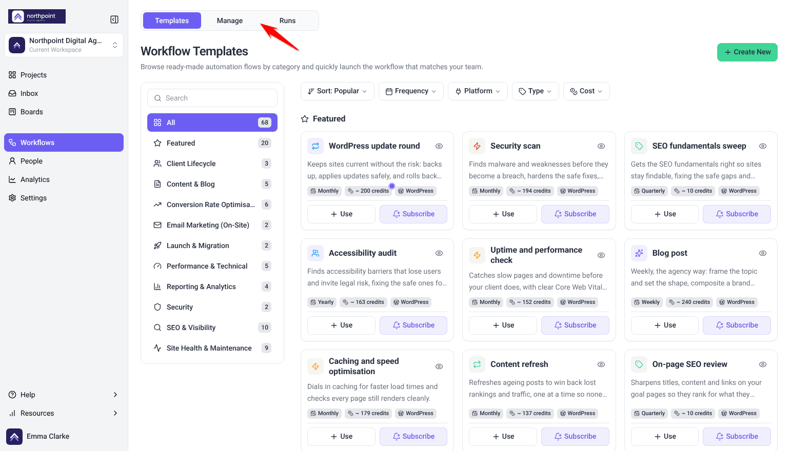 Workflows screen with the Templates, Manage and Runs tabs