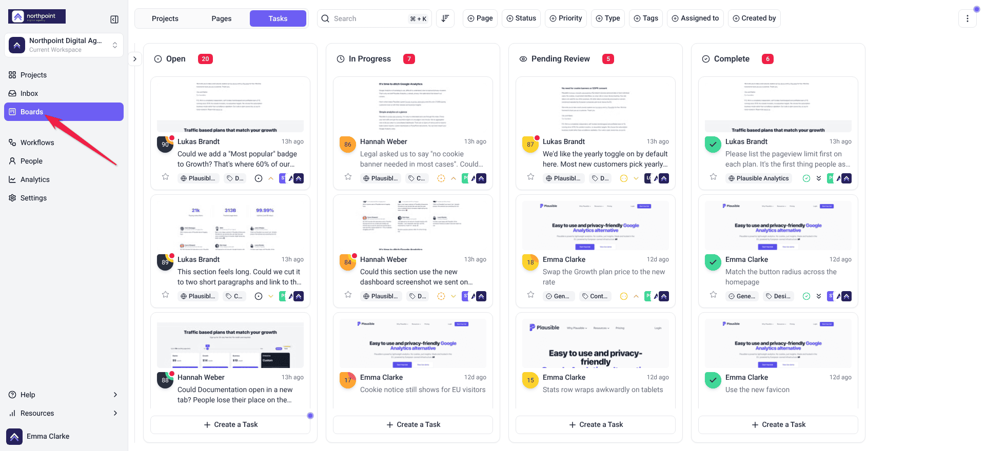 Boards with the Plausible Analytics task columns and Boards selected in the sidebar