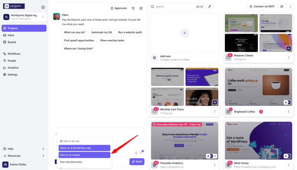 Projects chat with the slash menu open and Run an AI review highlighted