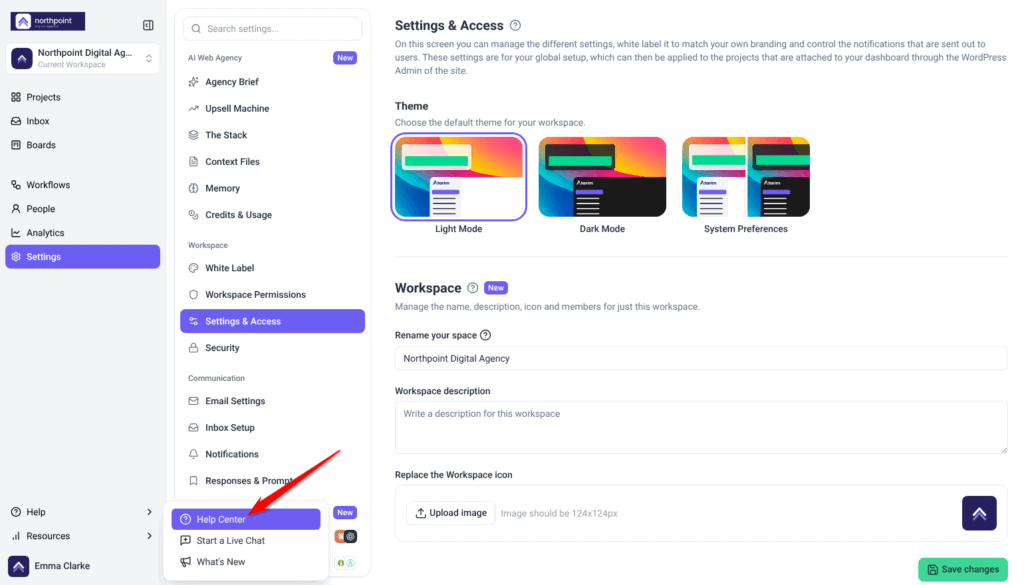 Help menu open in the sidebar with Help Center highlighted