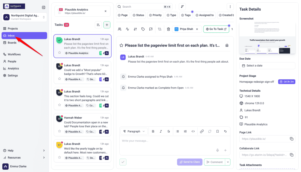 Inbox filtered to Plausible Analytics with tasks listed and Inbox selected in the sidebar