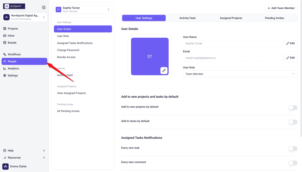 People screen with a team member's User Settings open and People selected in the sidebar