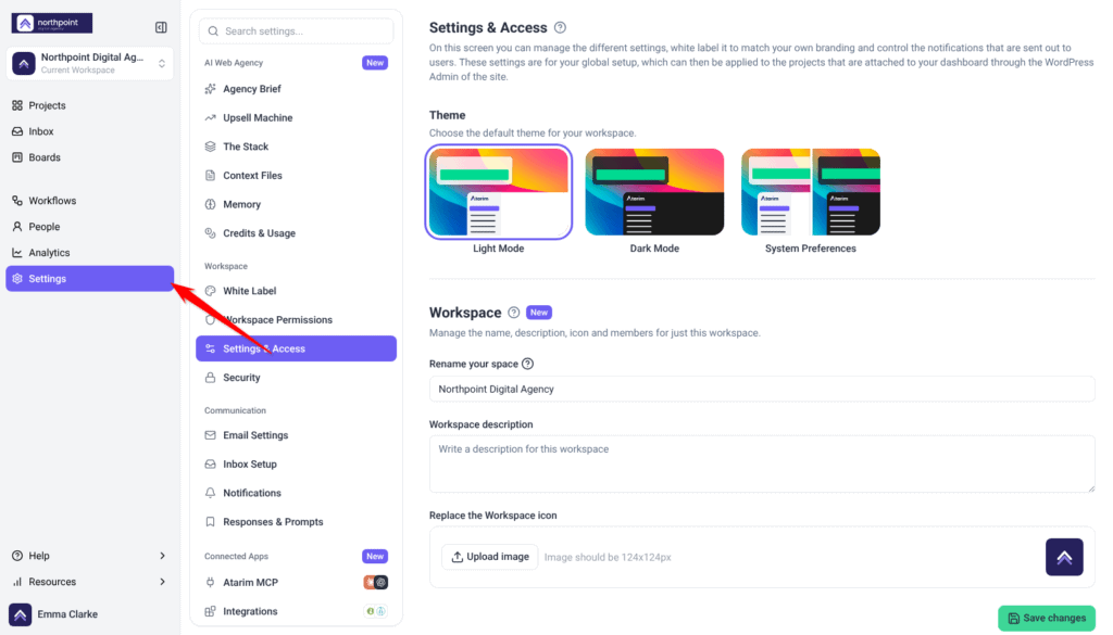 Settings on the Settings & Access page with Settings selected in the sidebar