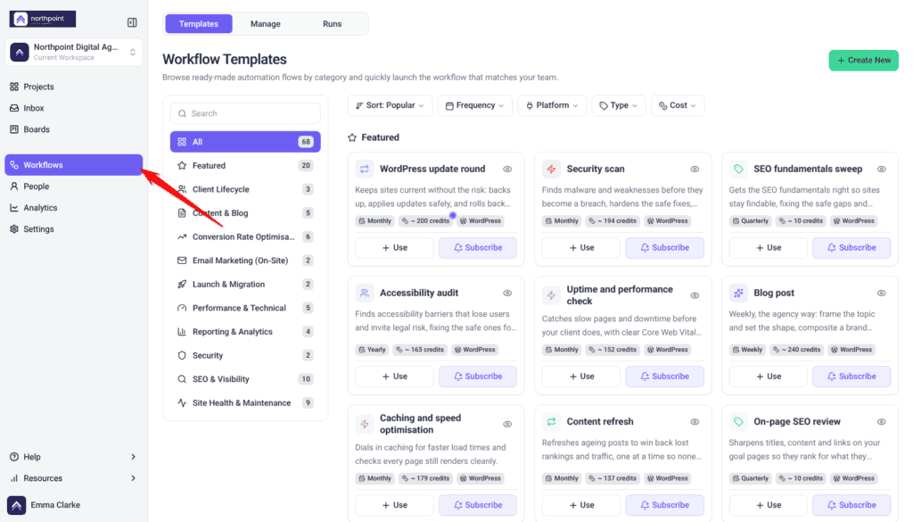 Workflows screen on the Templates tab with Workflows selected in the sidebar