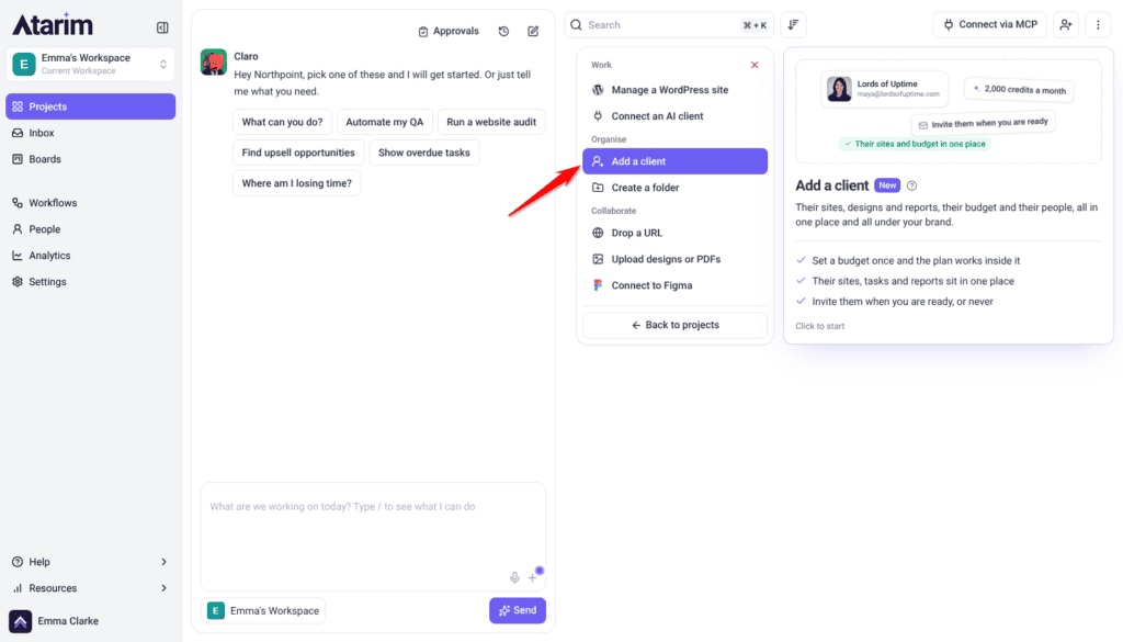 Add new menu on the Projects screen with Add a client highlighted