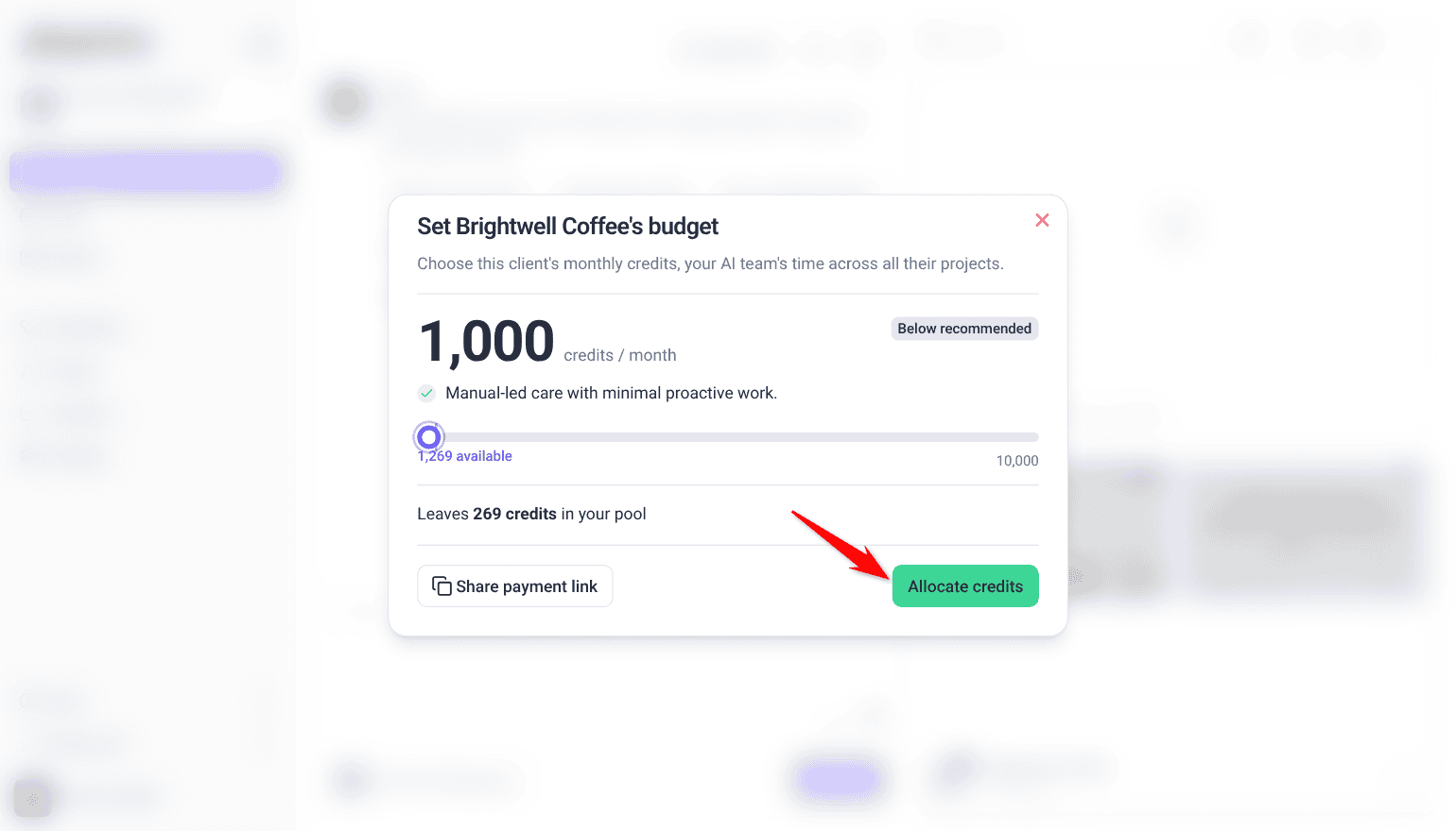 Set a client's budget window with the monthly credits slider and the Allocate credits button
