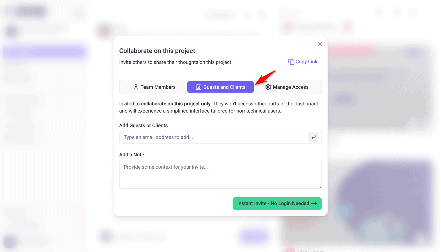 Collaborate on this project window on the Guests and Clients tab, with Add Guests or Clients and Instant Invite - No Login Needed
