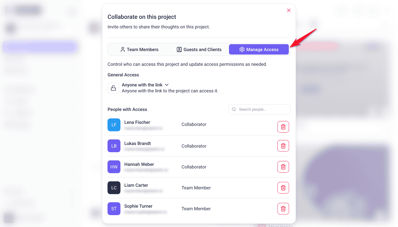 Manage Access tab with General Access set to Anyone with the link and the People with Access list