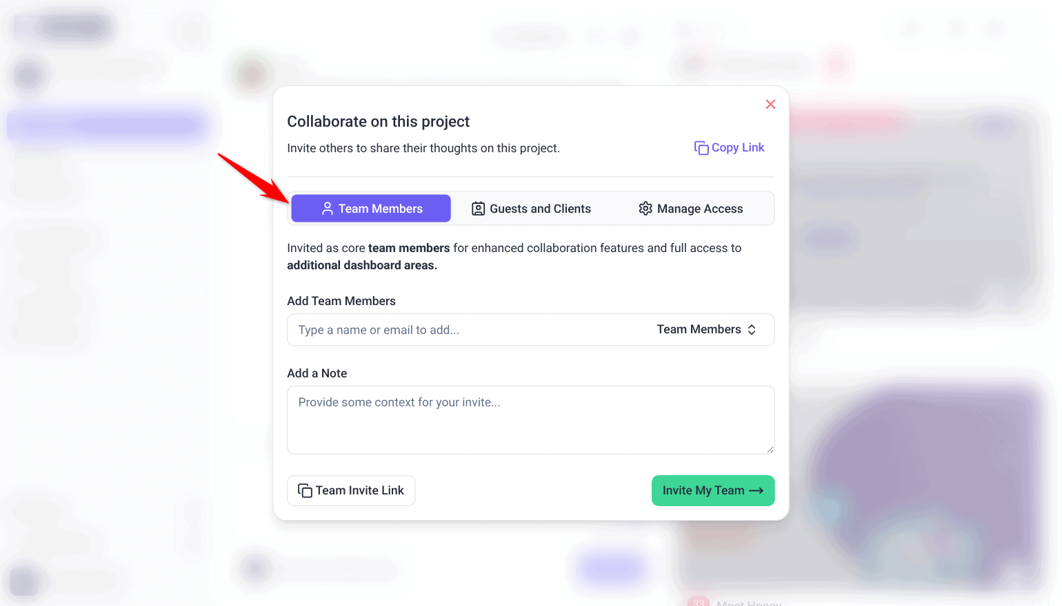Collaborate on this project window on the Team Members tab, with Add Team Members, Add a Note and Invite My Team