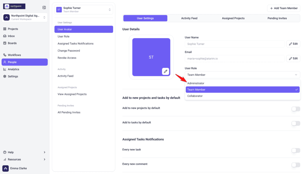 People screen with Sophie Turner's User Settings open and the User Role menu showing Administrator, Team Member and Collaborator