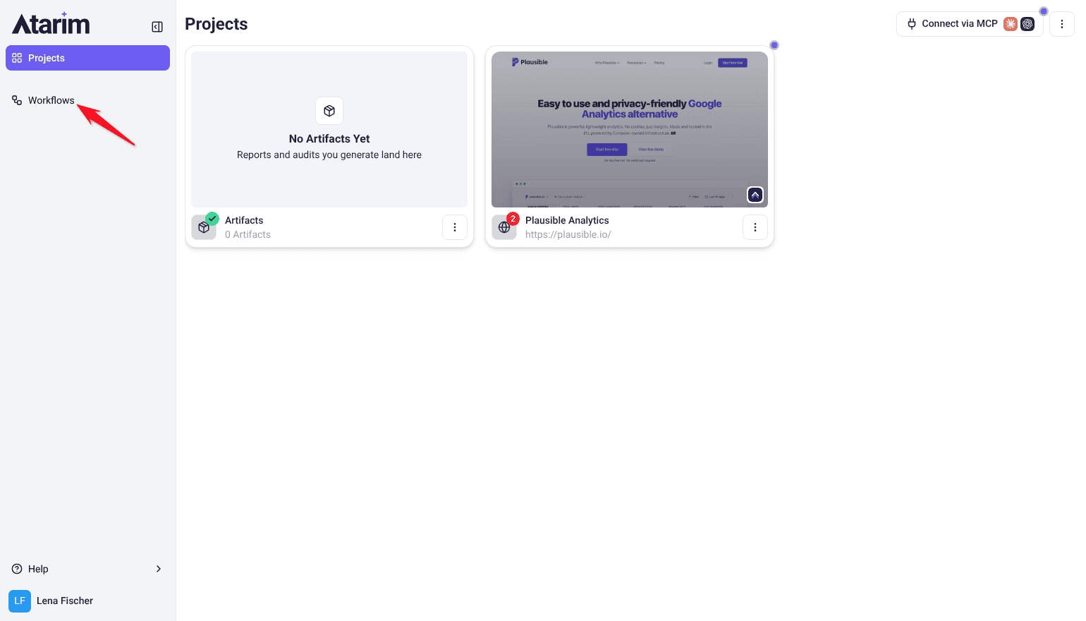 Website Owner's Projects screen with a sidebar showing only Projects and Workflows