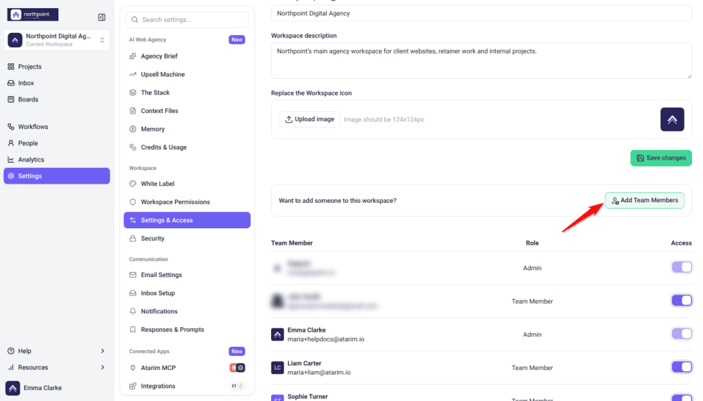 Settings & Access with Want to add someone to this workspace? and the Add Team Members button