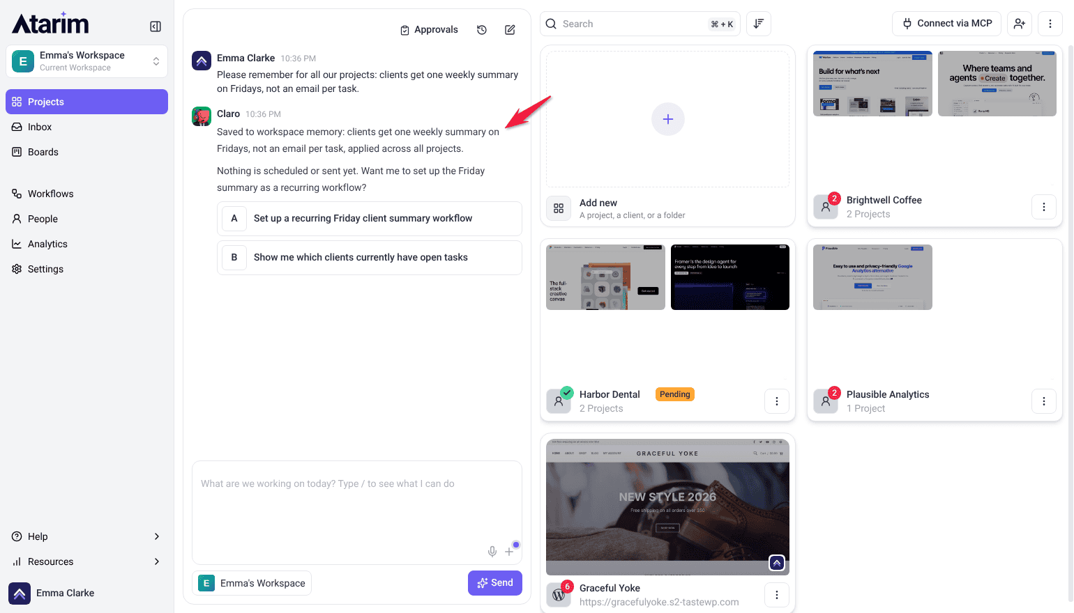 Chat where Claro confirms the request was saved to workspace memory