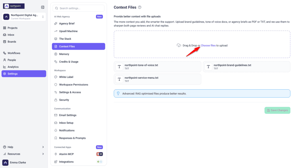 Context Files page with the Drag & Drop or Choose files drop zone