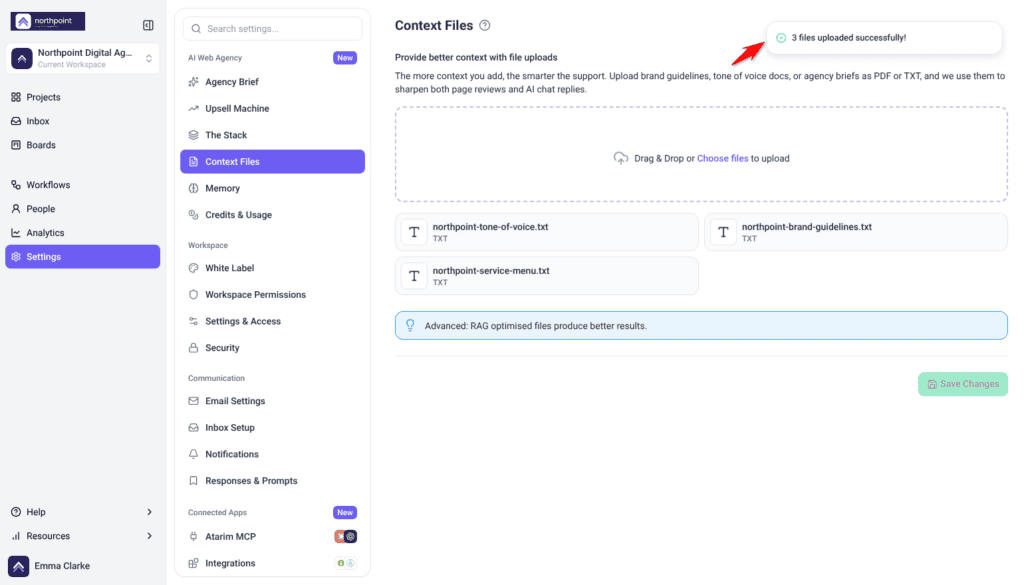 Context Files with three uploaded TXT files and the 3 files uploaded successfully message