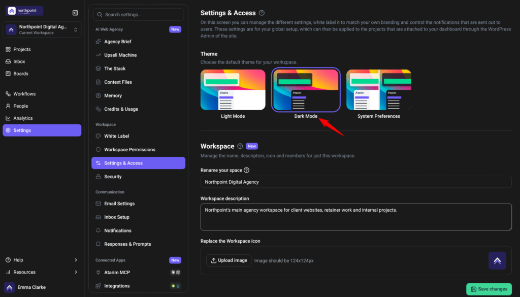 Settings & Access in Dark Mode with Dark Mode selected under Theme